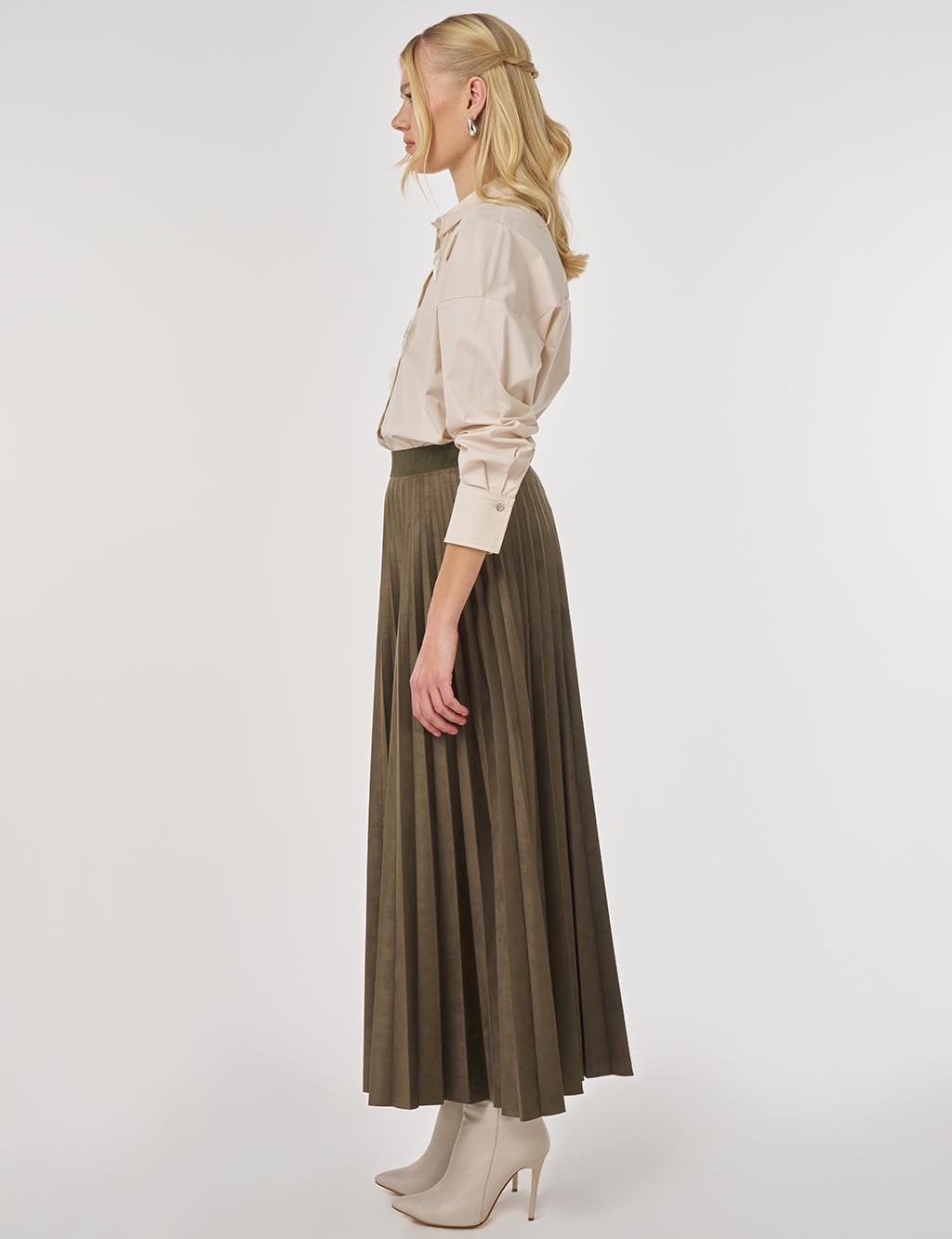 Pleated Suede Skirt in Khaki