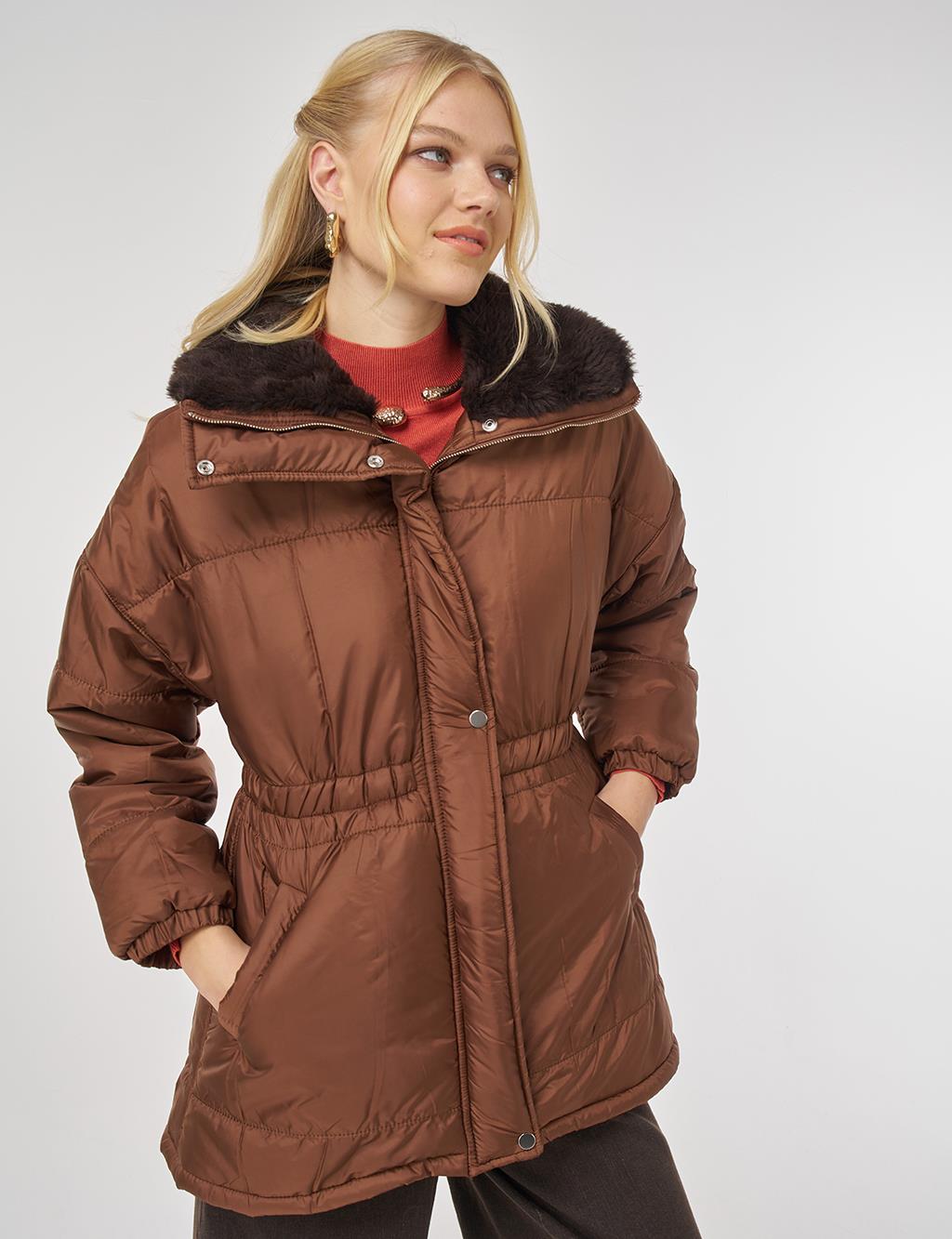 Fur-Collar Quilted Coat in Coffee