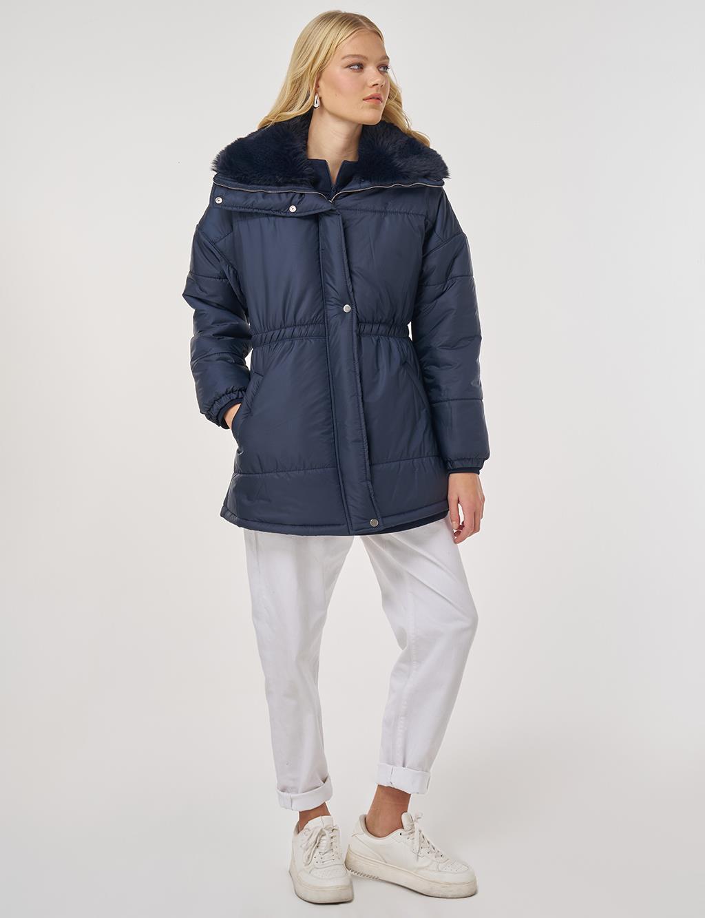 Fur-Collar Quilted Coat in Dark Navy