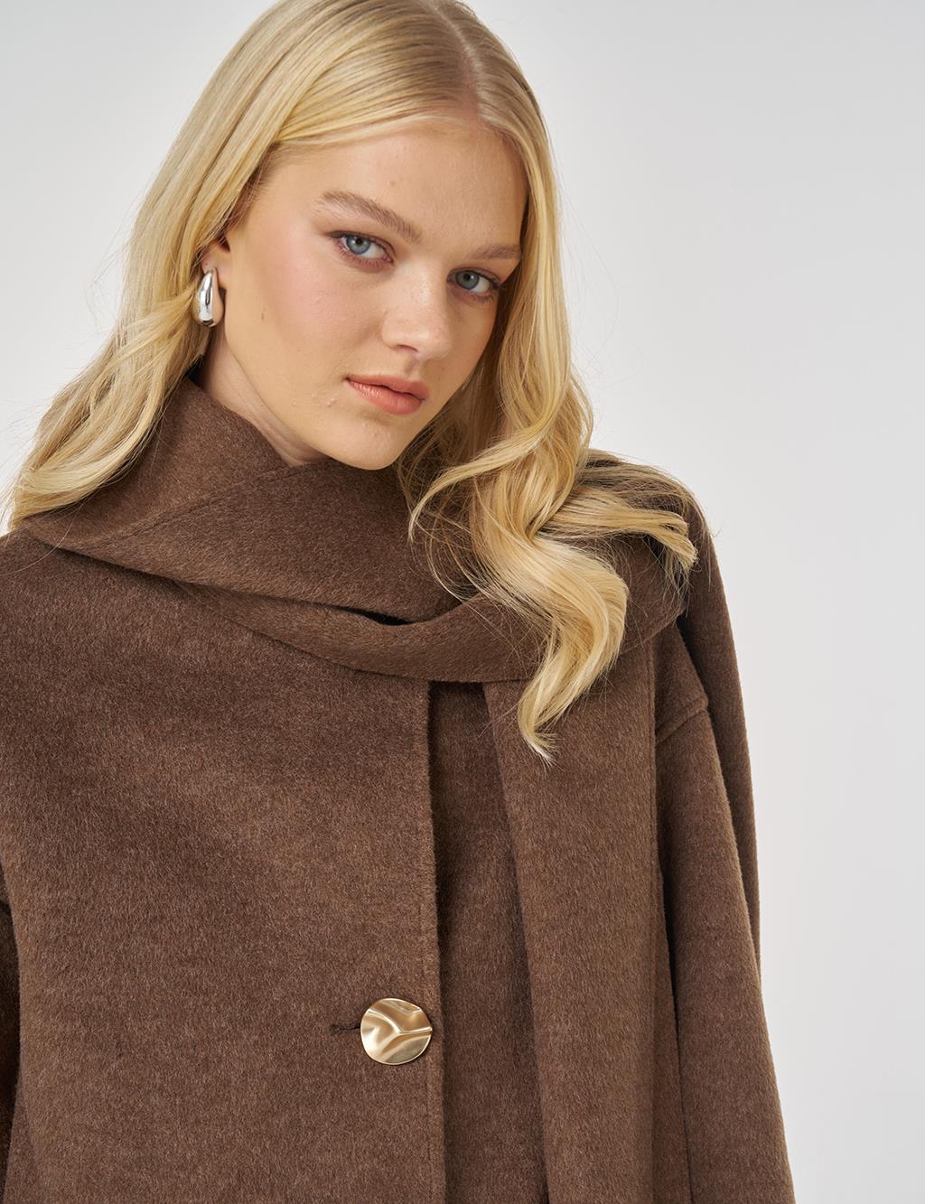 Button-Detailed Scarfed Cashmere Coat in Bitter Brown