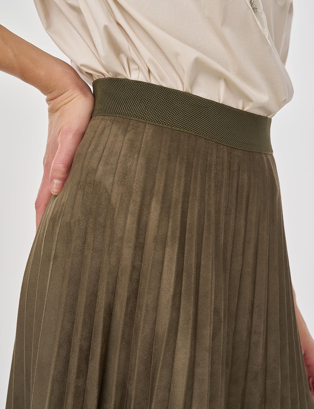 Pleated Suede Skirt in Khaki