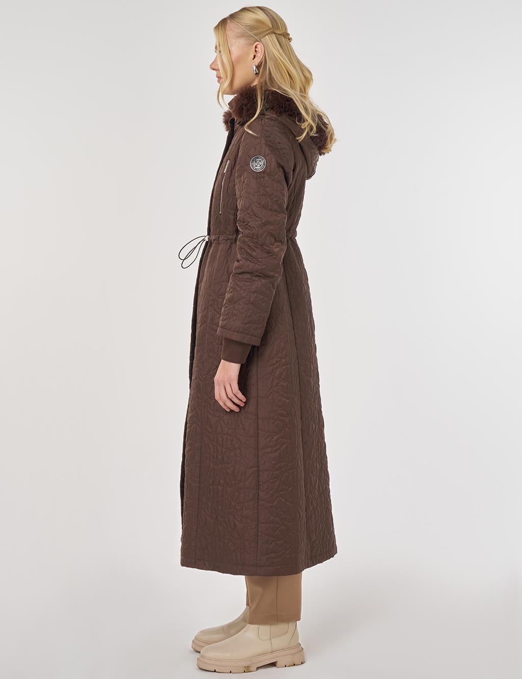Fur-Detailed Quilted Coat in Dark Brown