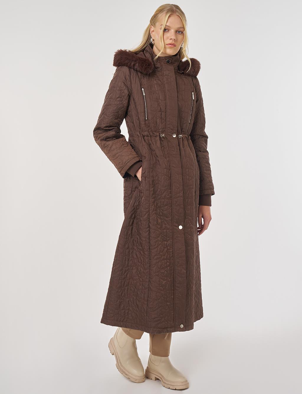 Fur-Detailed Quilted Coat in Dark Brown