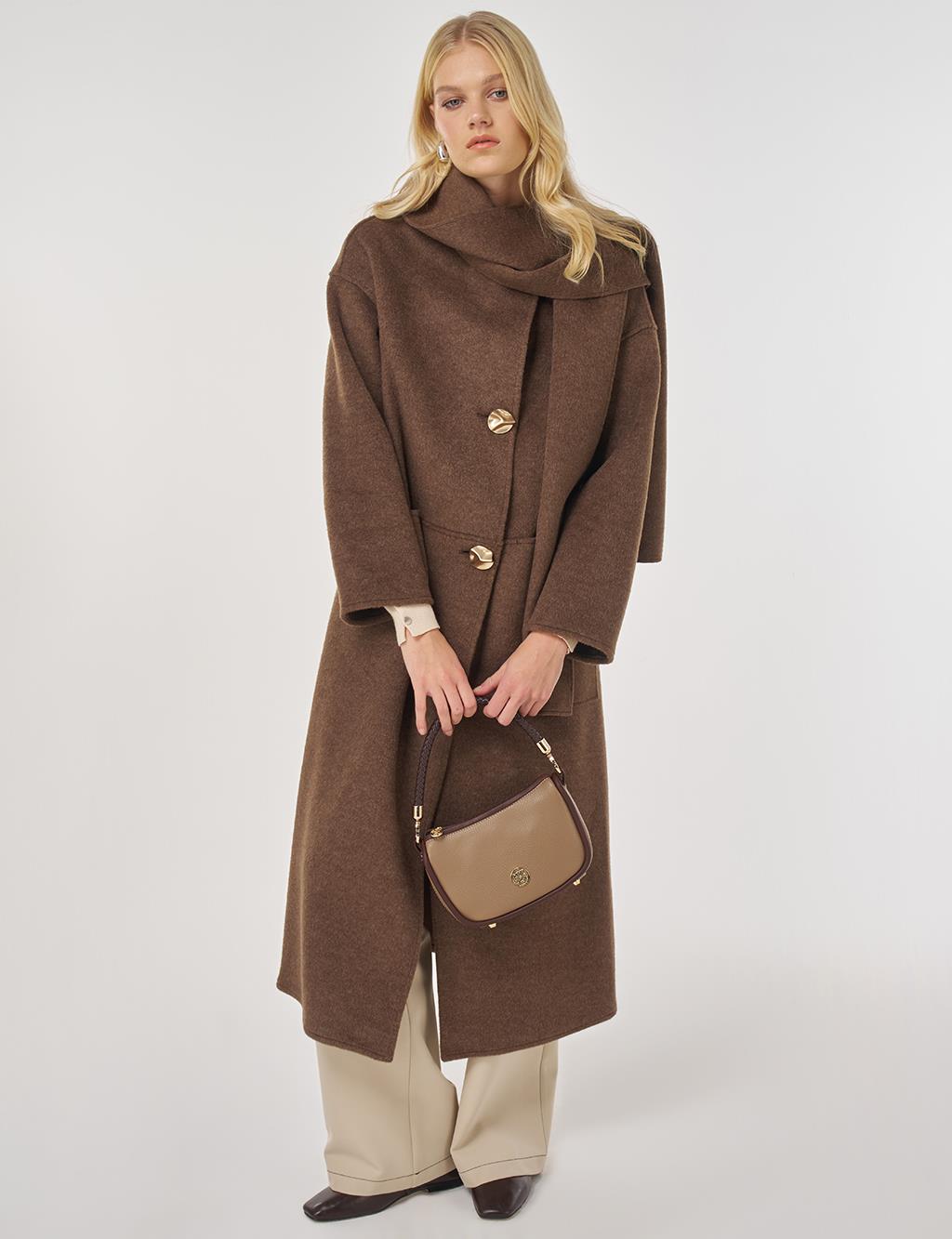 Button-Detailed Scarfed Cashmere Coat in Bitter Brown