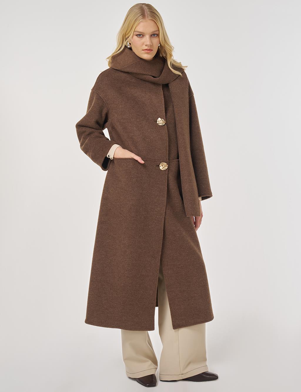 Button-Detailed Scarfed Cashmere Coat in Bitter Brown