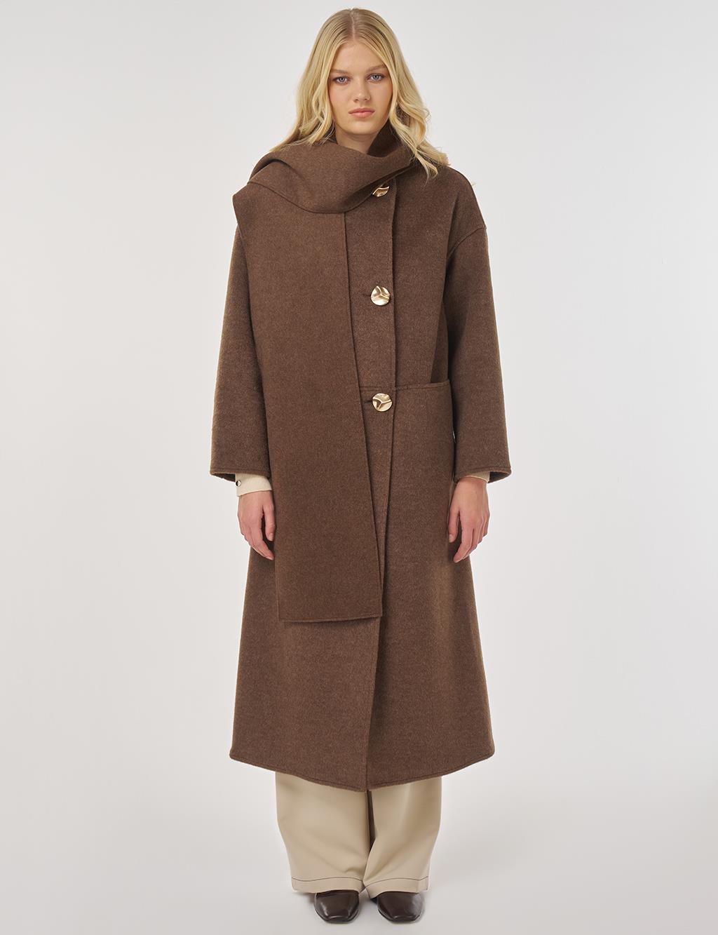 Button-Detailed Scarfed Cashmere Coat in Bitter Brown