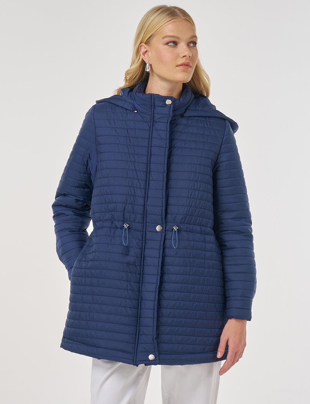 Hooded Quilted Coat in Navy Blue