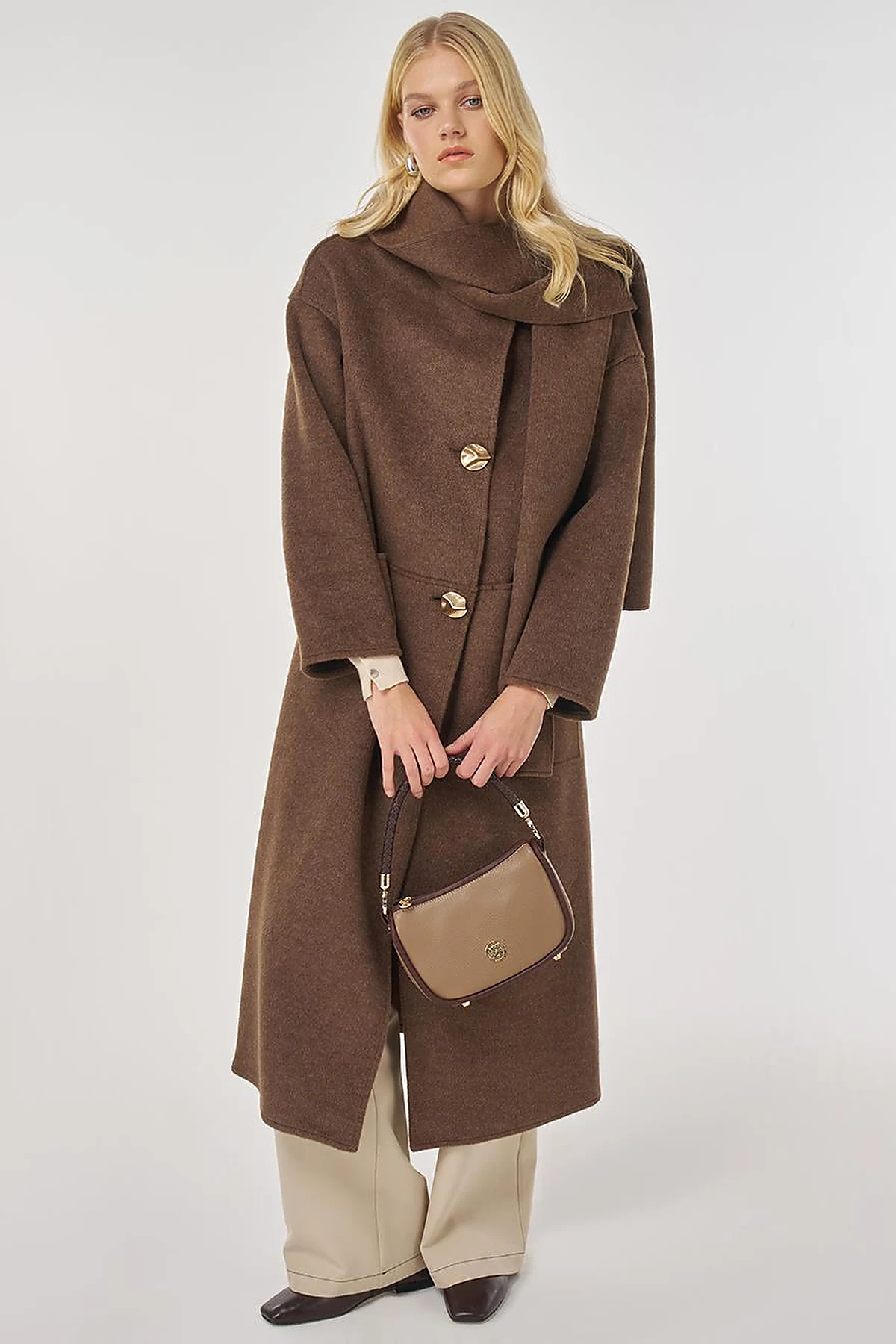 Button-Detailed Scarfed Cashmere Coat in Bitter Brown