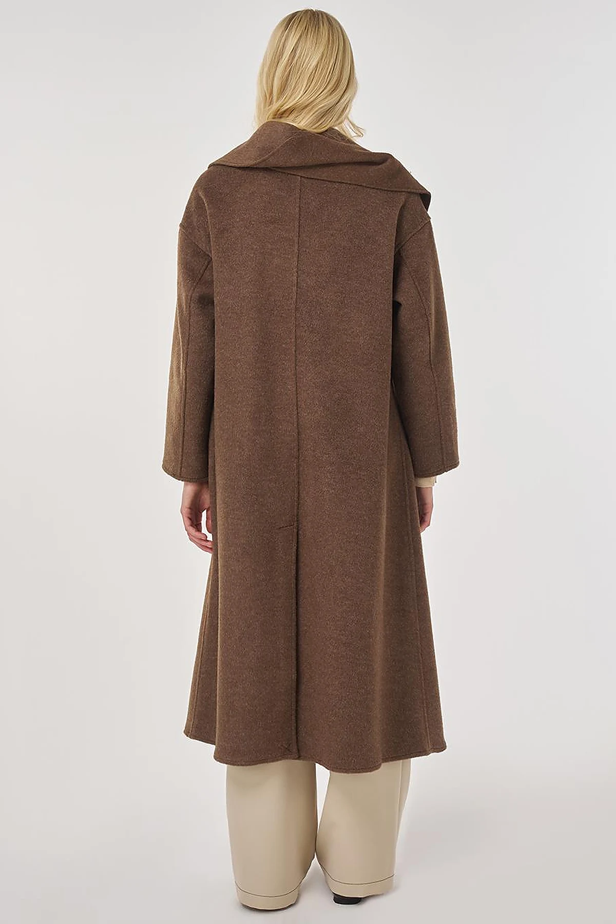 Button-Detailed Scarfed Cashmere Coat in Bitter Brown