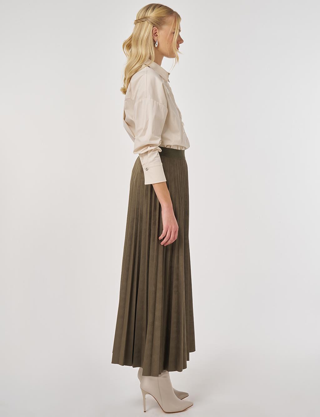 Pleated Suede Skirt in Khaki