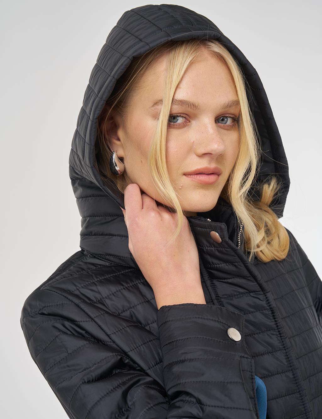 Hooded Quilted Coat in Black