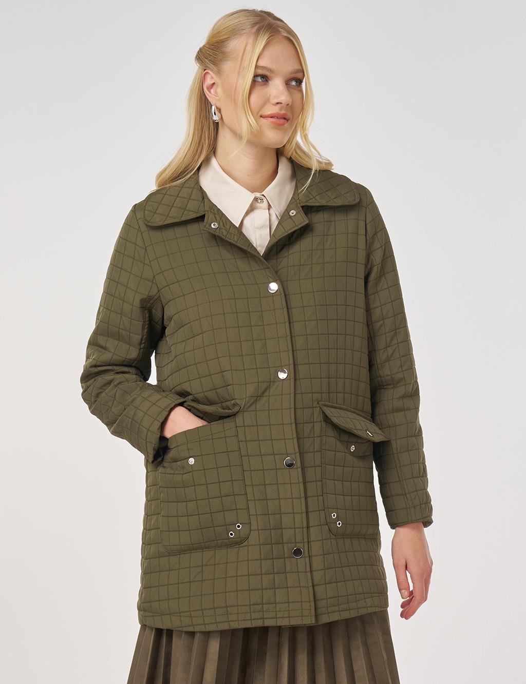 Wide-Collar Quilted Jacket in Khaki