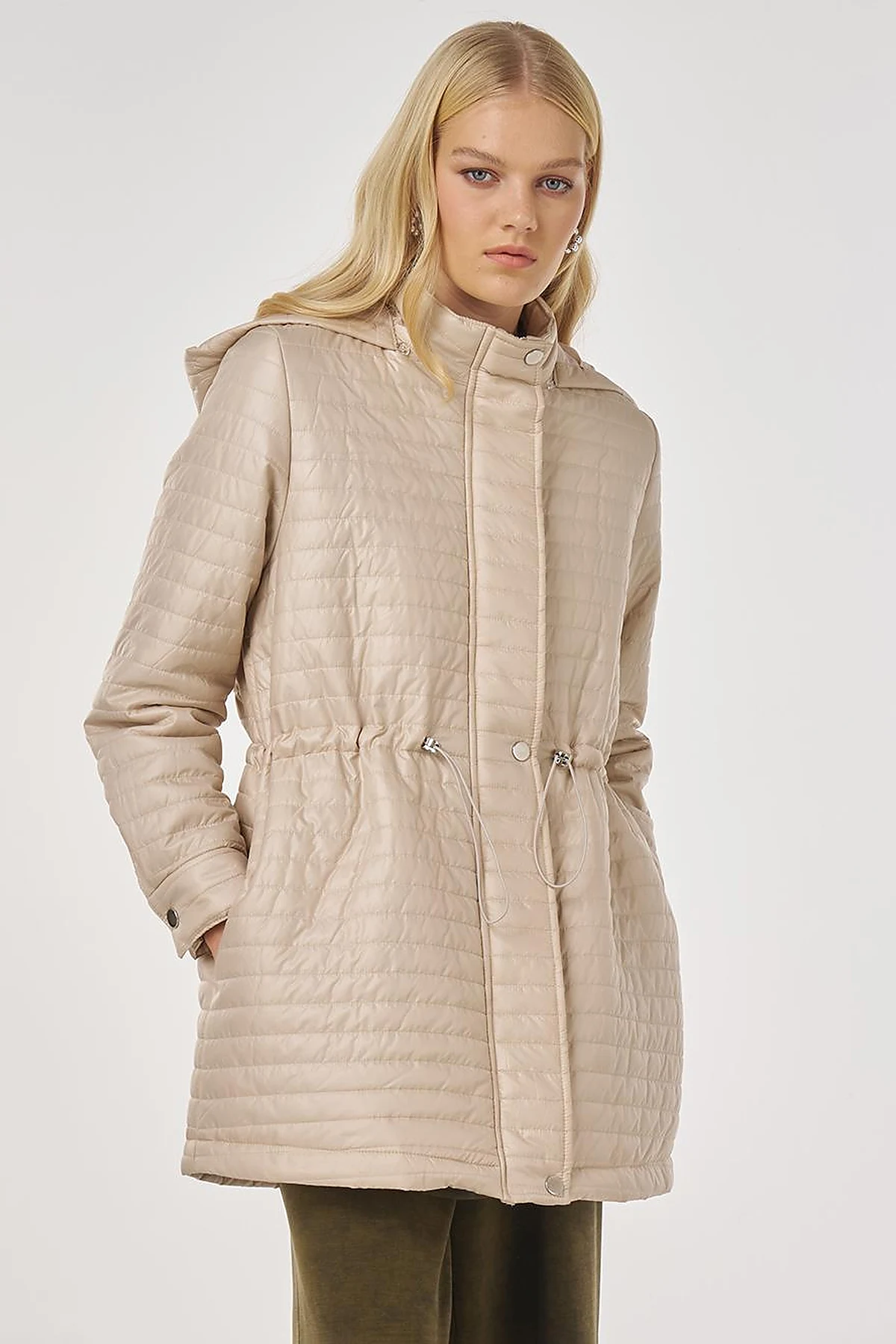 Hooded Quilted Coat in Cream