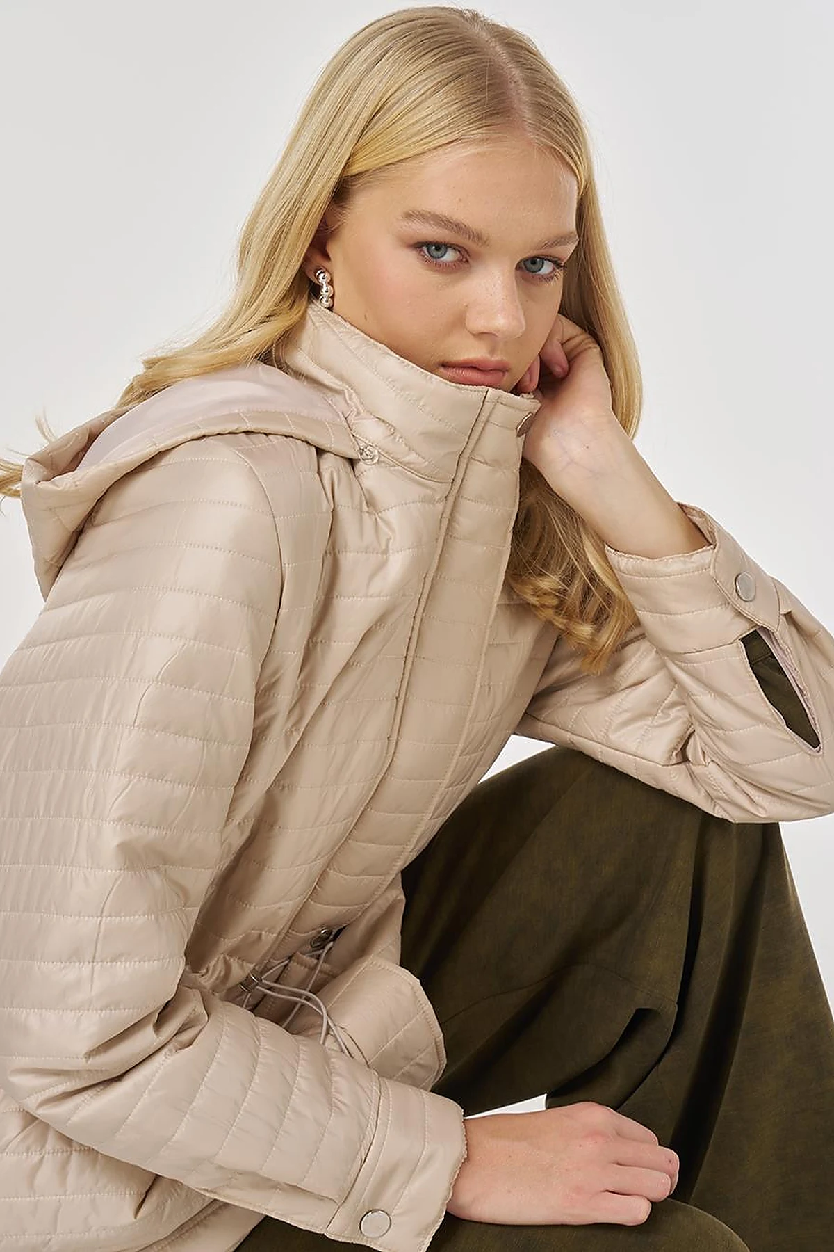 Hooded Quilted Coat in Cream