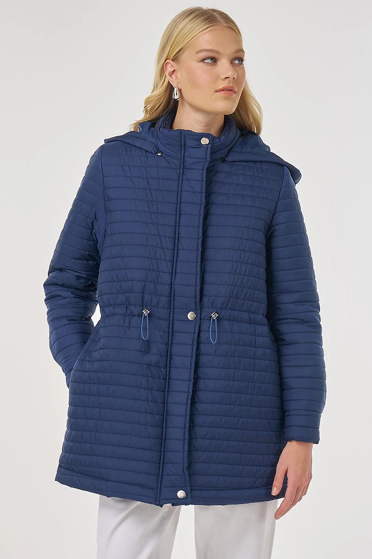 Hooded Quilted Coat in Navy Blue