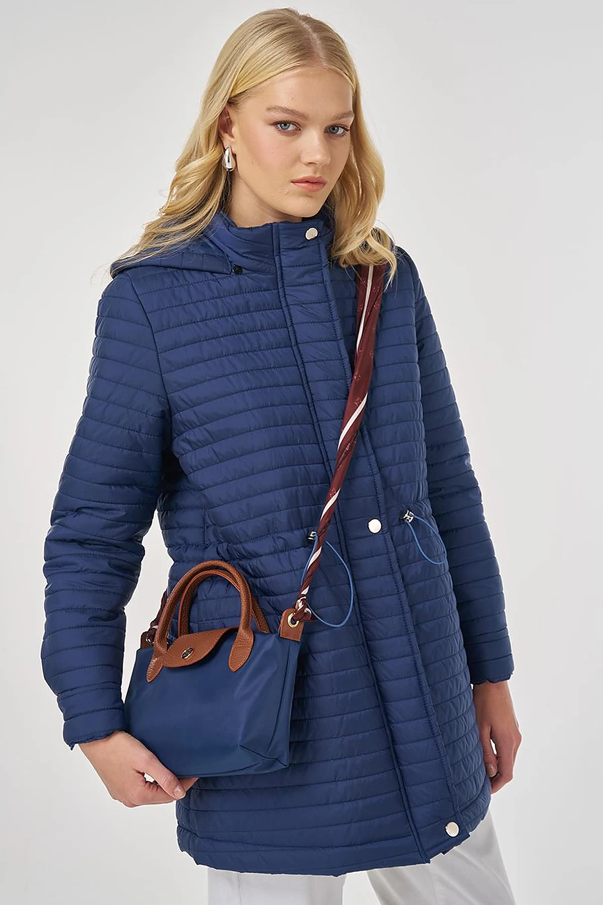 Hooded Quilted Coat in Navy Blue