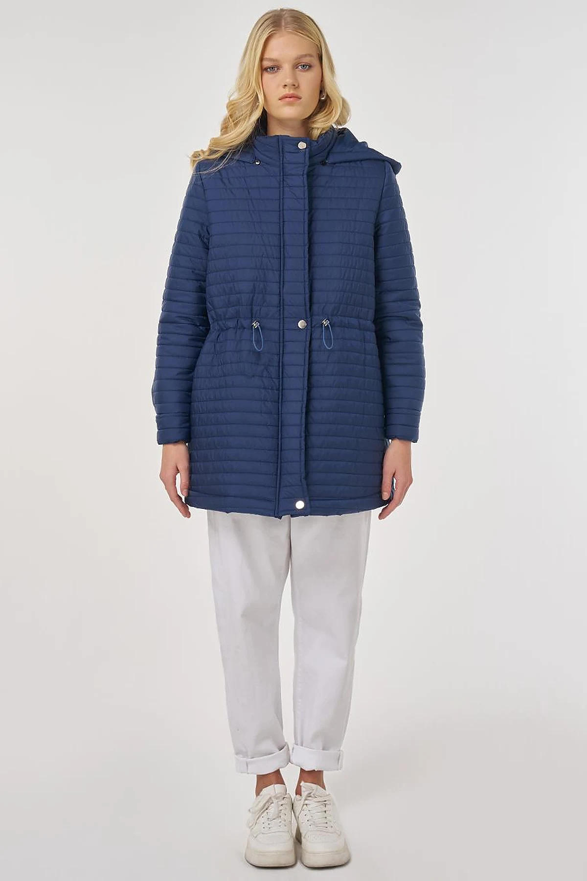 Hooded Quilted Coat in Navy Blue