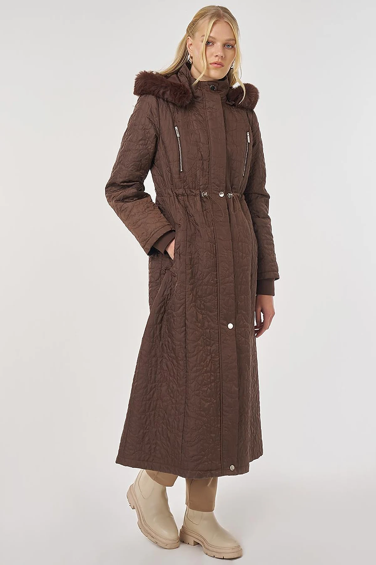 Fur-Detailed Quilted Coat in Dark Brown