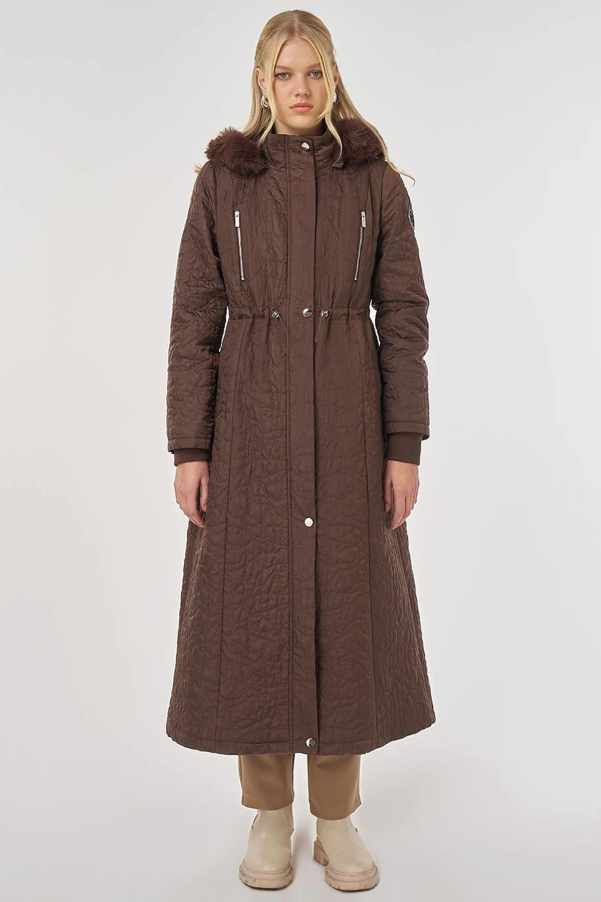 Fur-Detailed Quilted Coat in Dark Brown