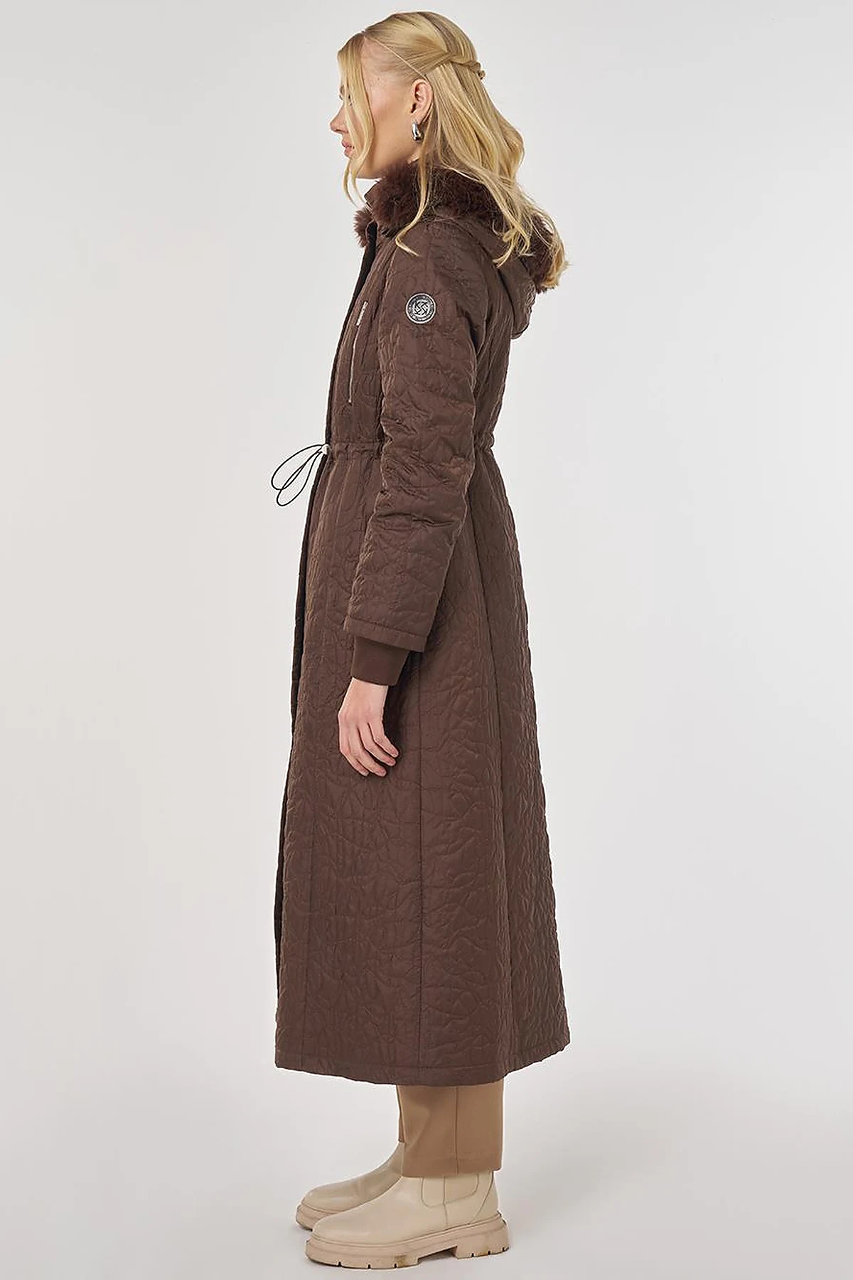 Fur-Detailed Quilted Coat in Dark Brown