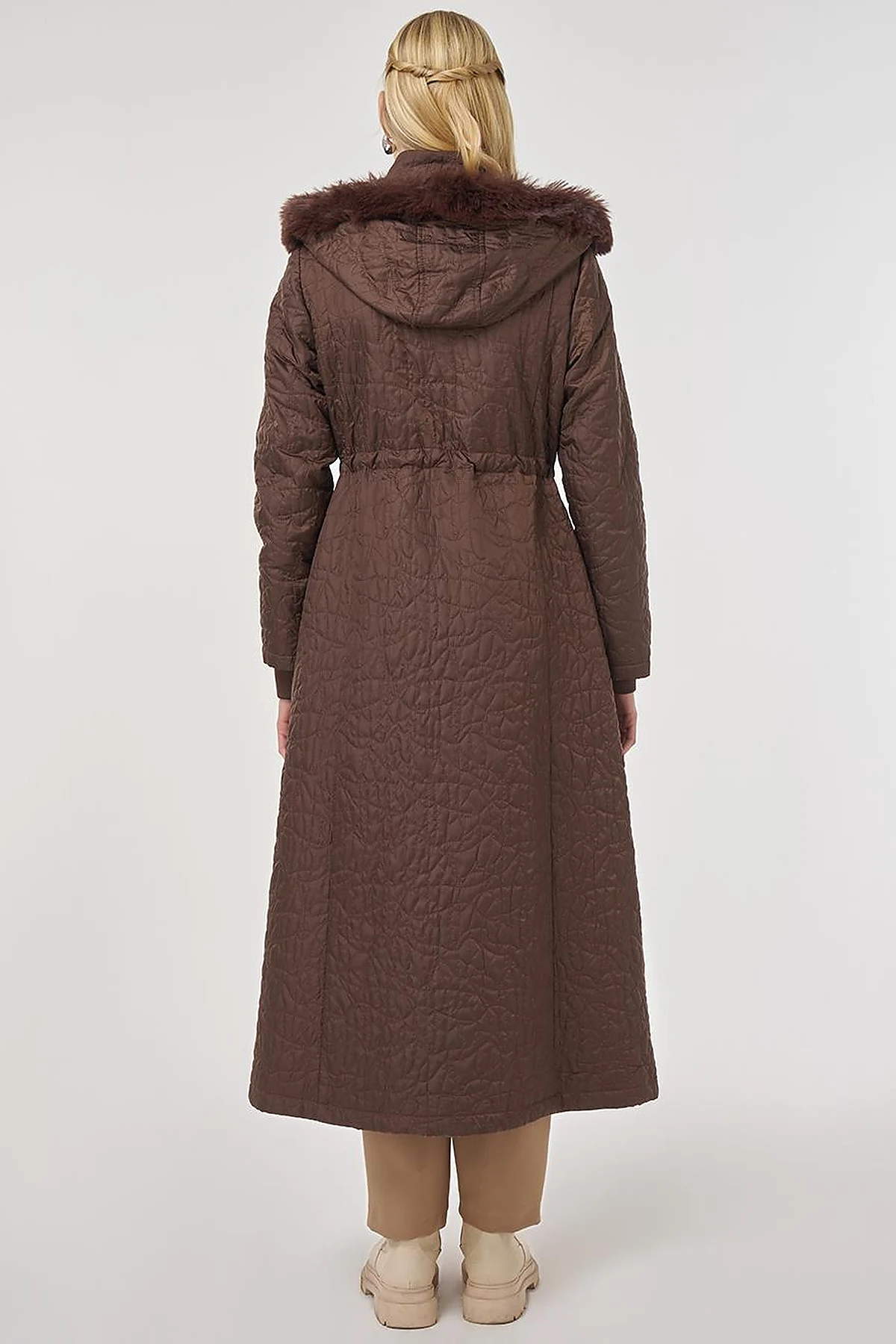 Fur-Detailed Quilted Coat in Dark Brown