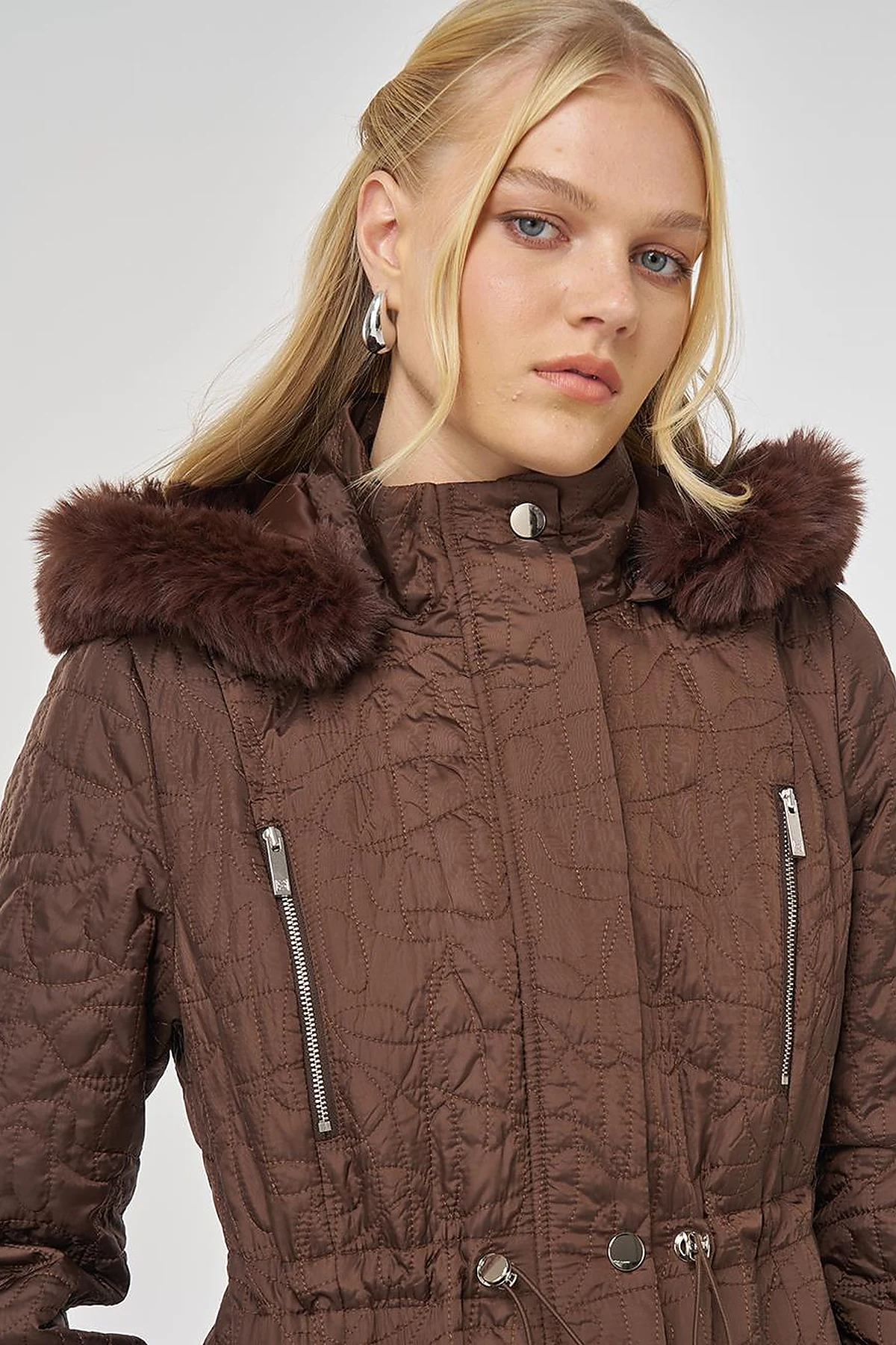 Fur-Detailed Quilted Coat in Dark Brown