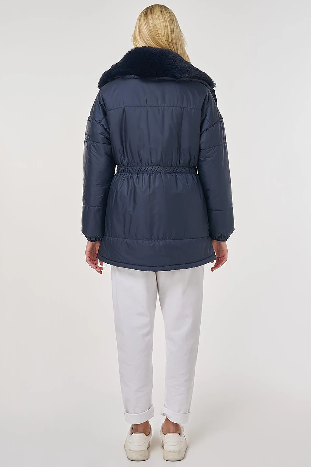 Fur-Collar Quilted Coat in Dark Navy