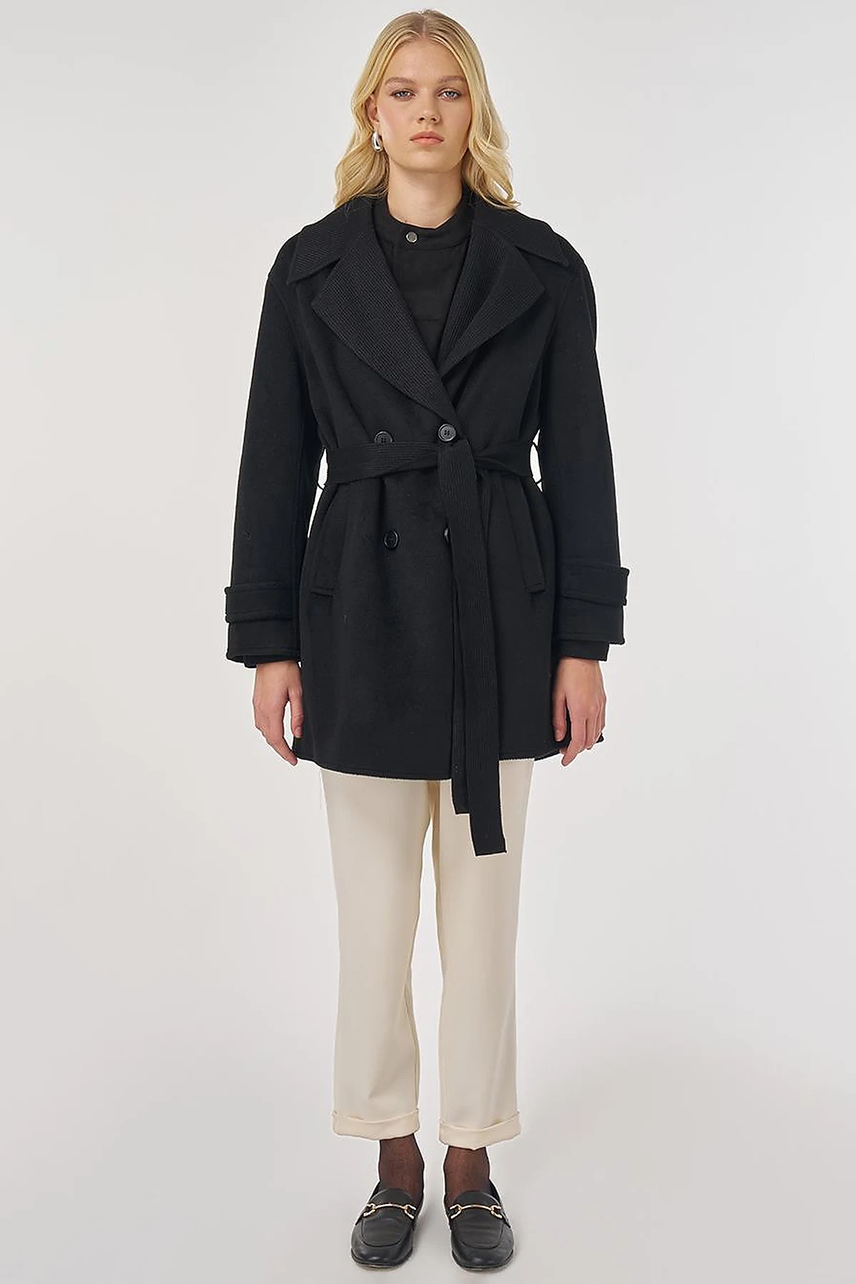 Wool Coat with Knit Trim in Black