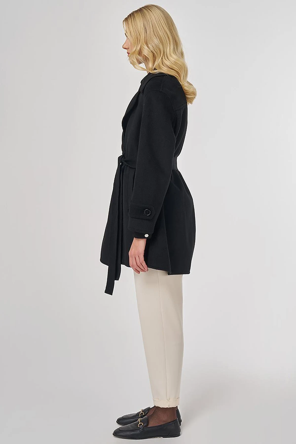 Wool Coat with Knit Trim in Black