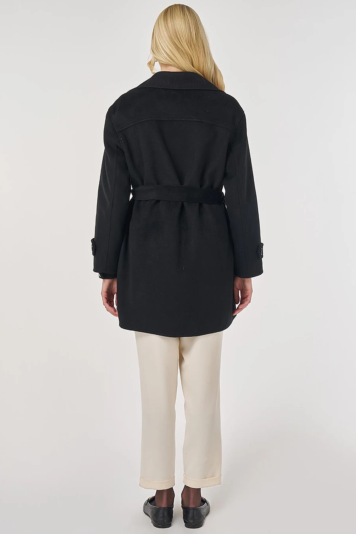 Wool Coat with Knit Trim in Black