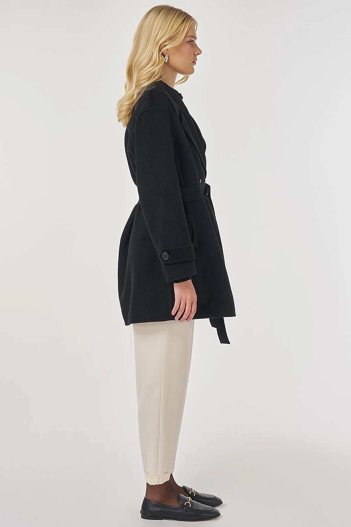 Wool Coat with Knit Trim in Black