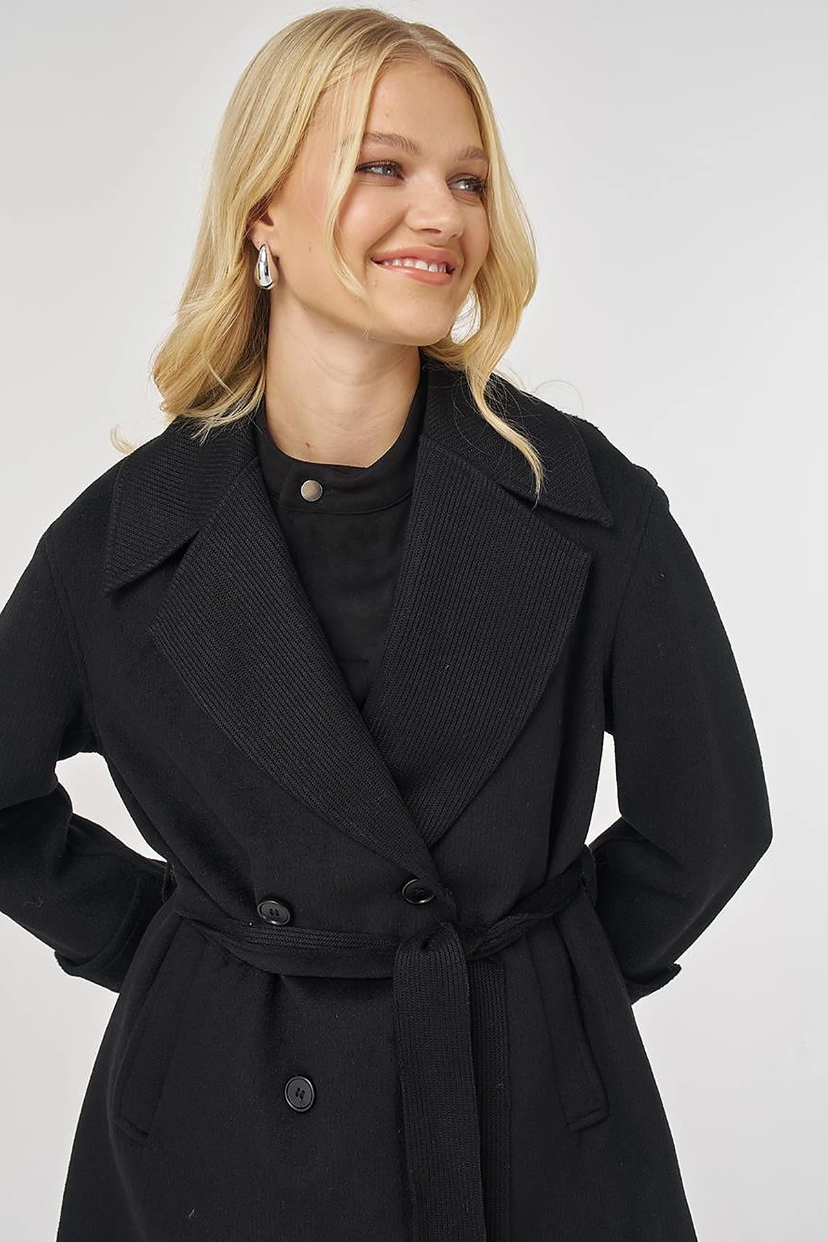 Wool Coat with Knit Trim in Black