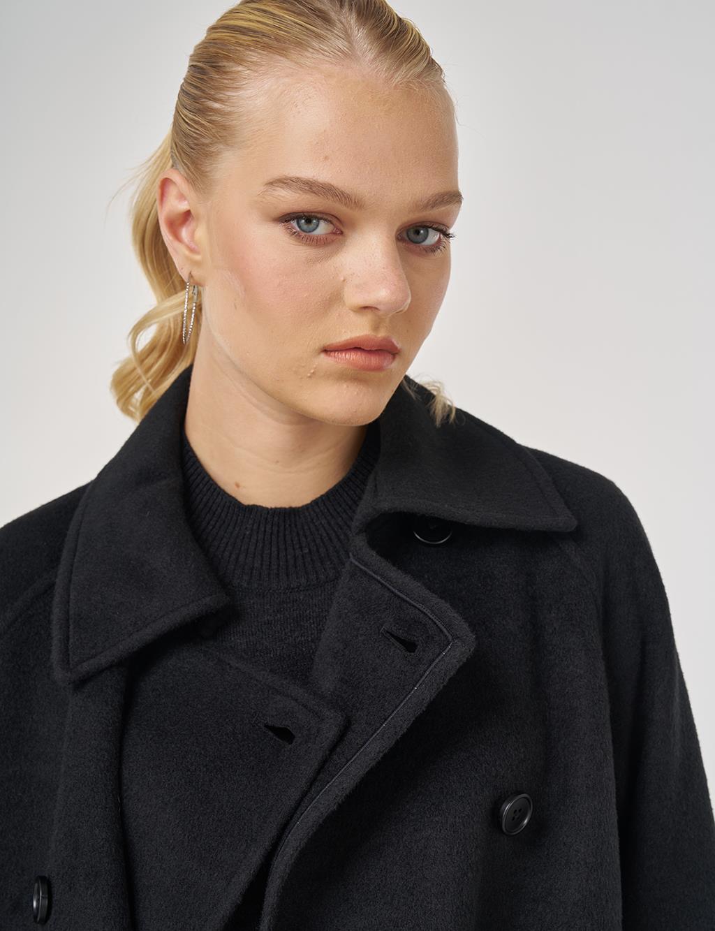 Düğmeli Kruvaze Kaşe Kaban Siyah 