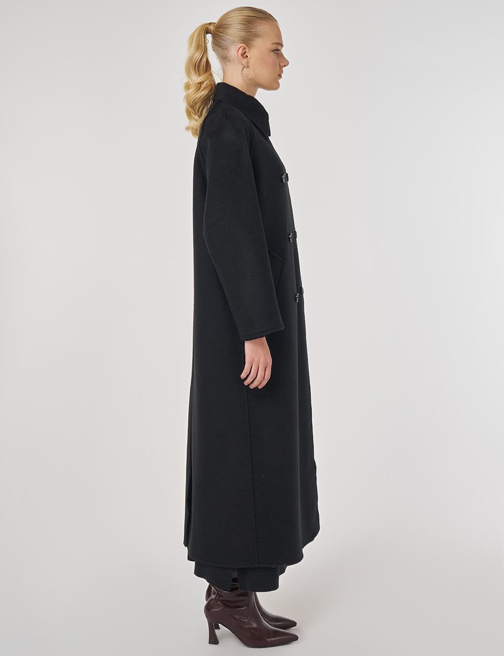 Düğmeli Kruvaze Kaşe Kaban Siyah 