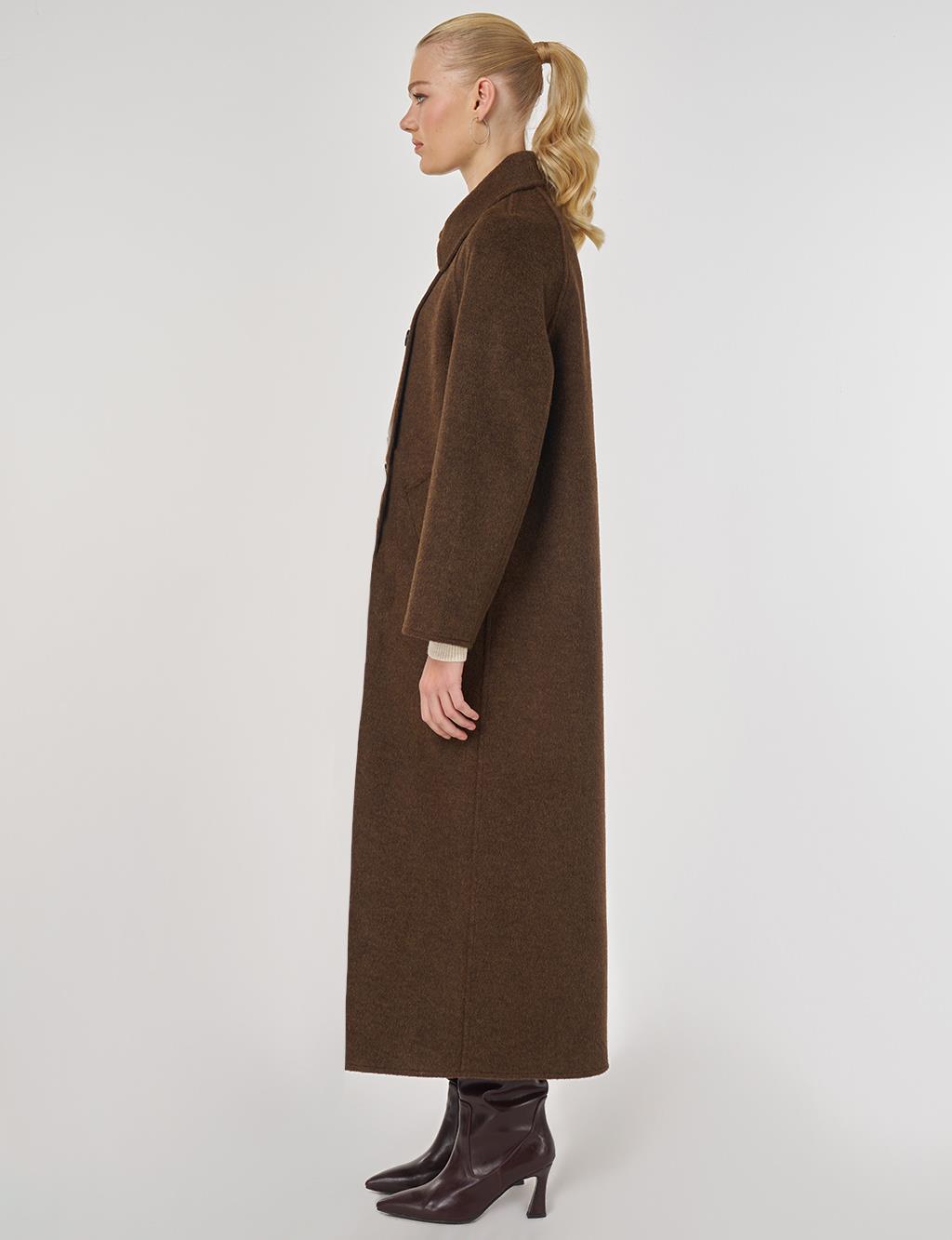 Düğmeli Kruvaze Kaşe Kaban Koyu Kahve 