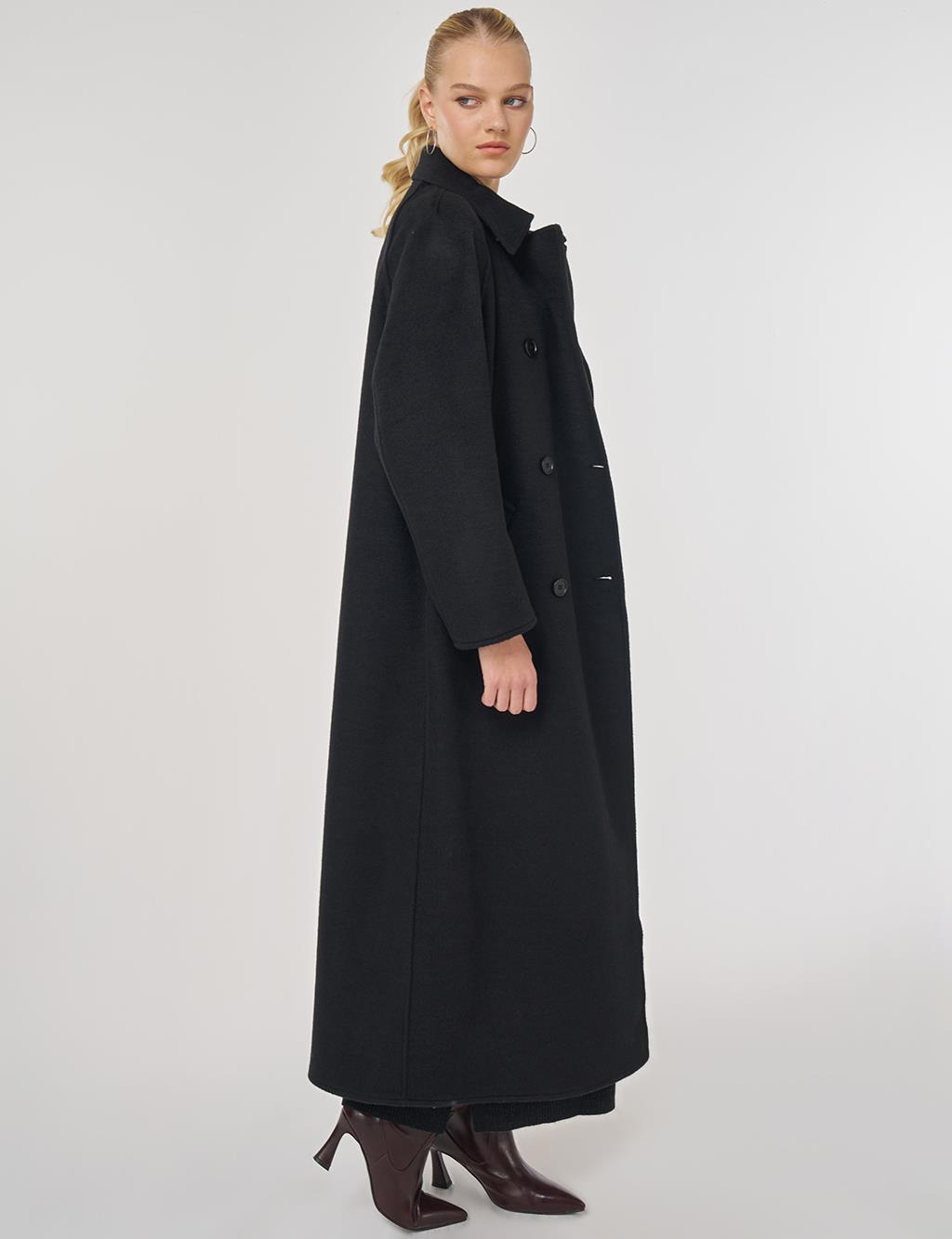 Düğmeli Kruvaze Kaşe Kaban Siyah 