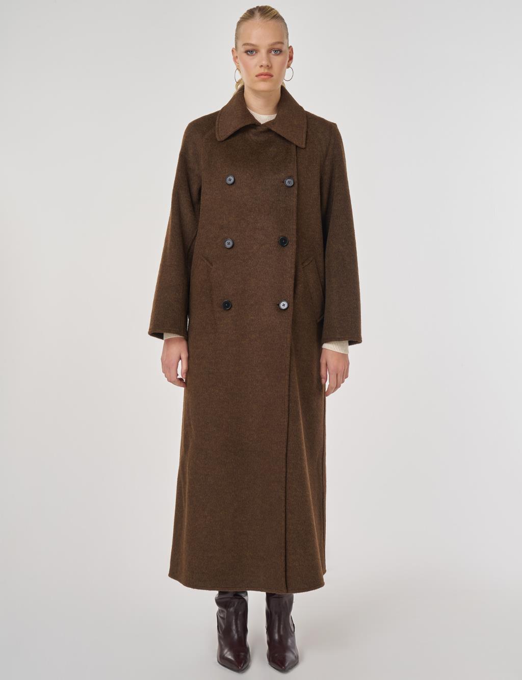 Düğmeli Kruvaze Kaşe Kaban Koyu Kahve 