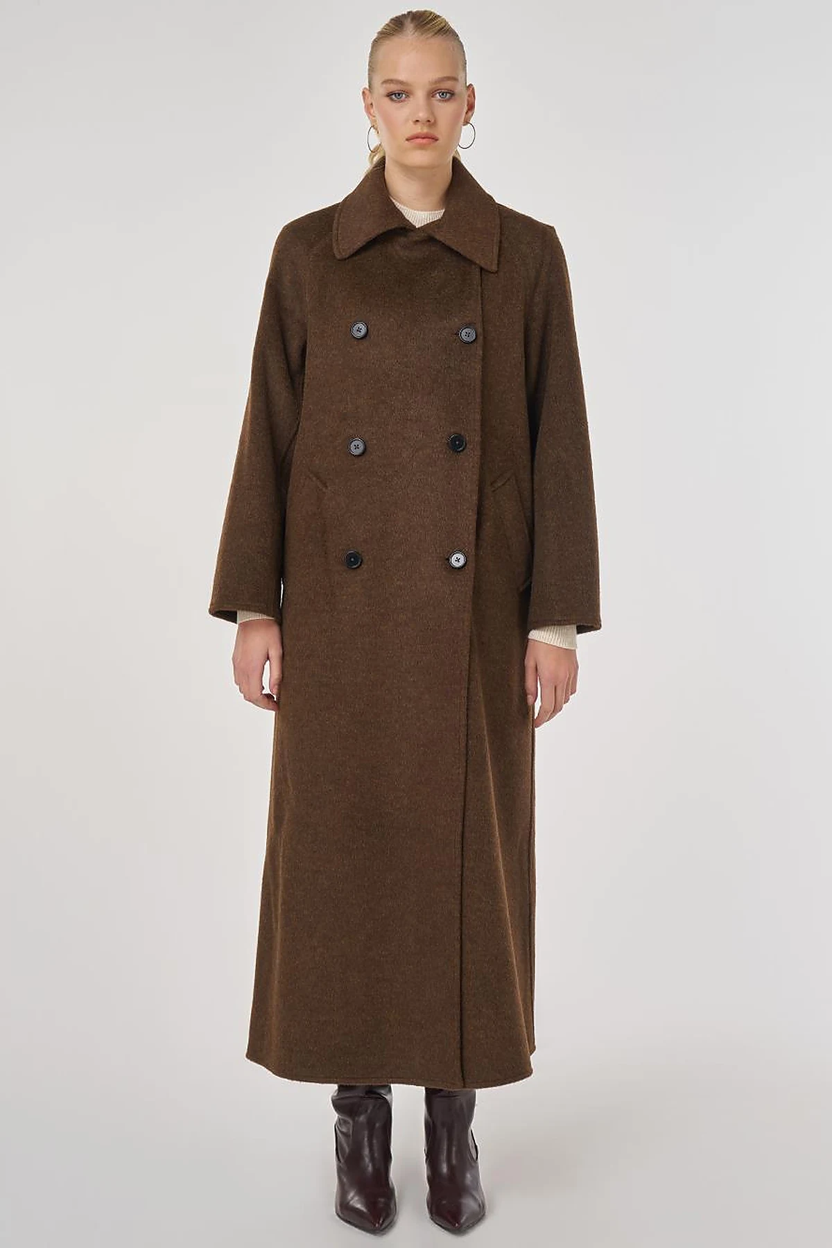 Double-Breasted Wool-Blend Coat in Dark Brown