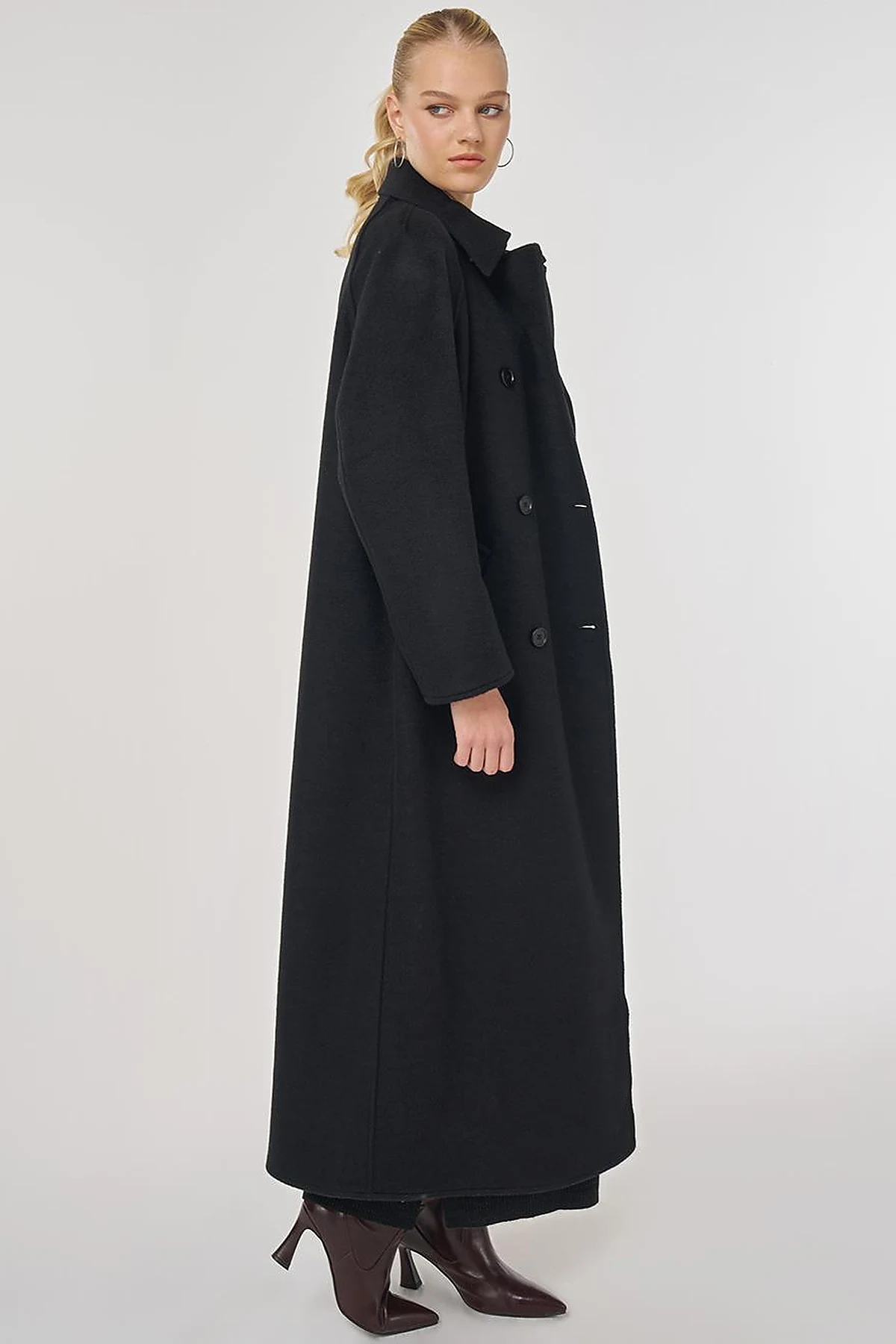 Double-Breasted Wool-Blend Coat in Black