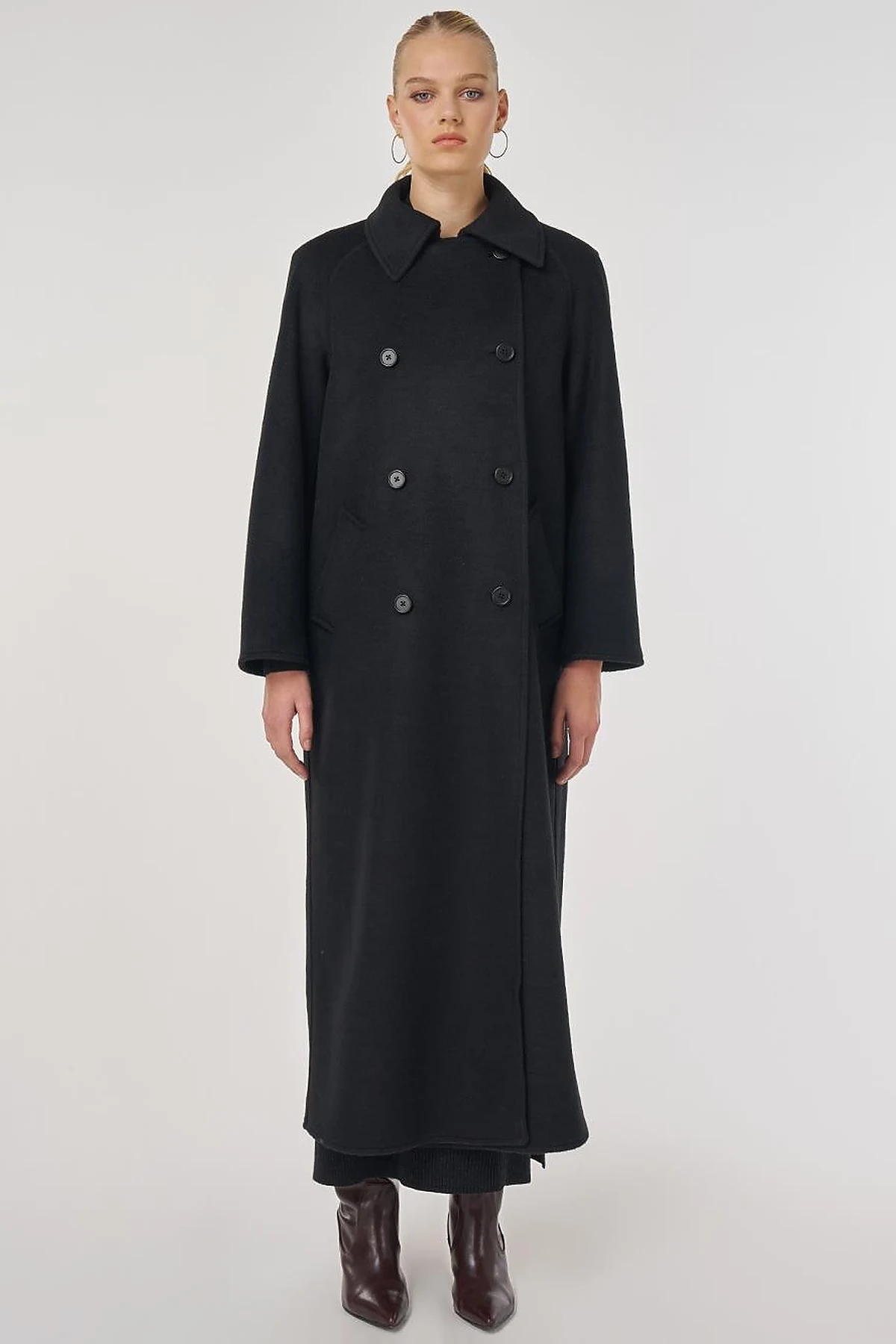 Double-Breasted Wool-Blend Coat in Black