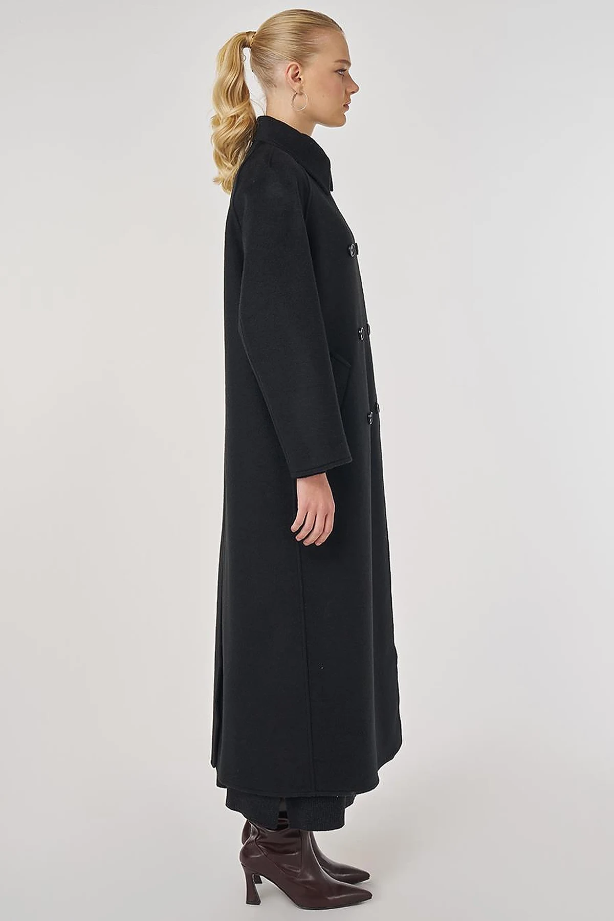 Double-Breasted Wool-Blend Coat in Black