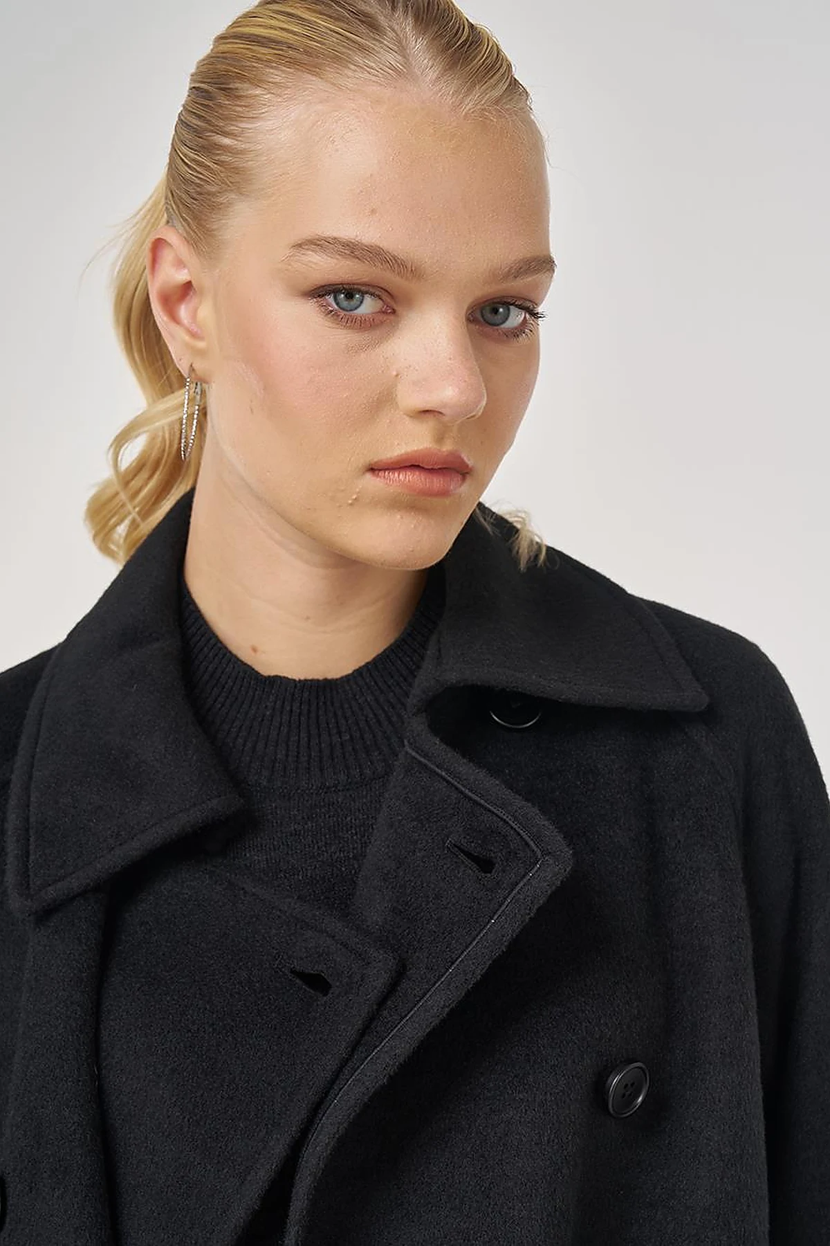 Double-Breasted Wool-Blend Coat in Black