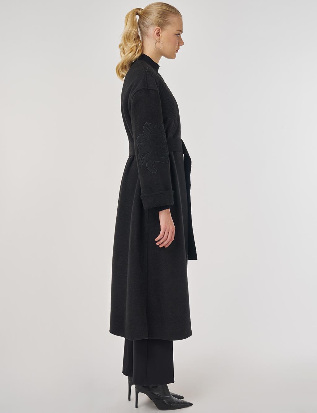 Appliqué Wool-Blend Coat in Black
