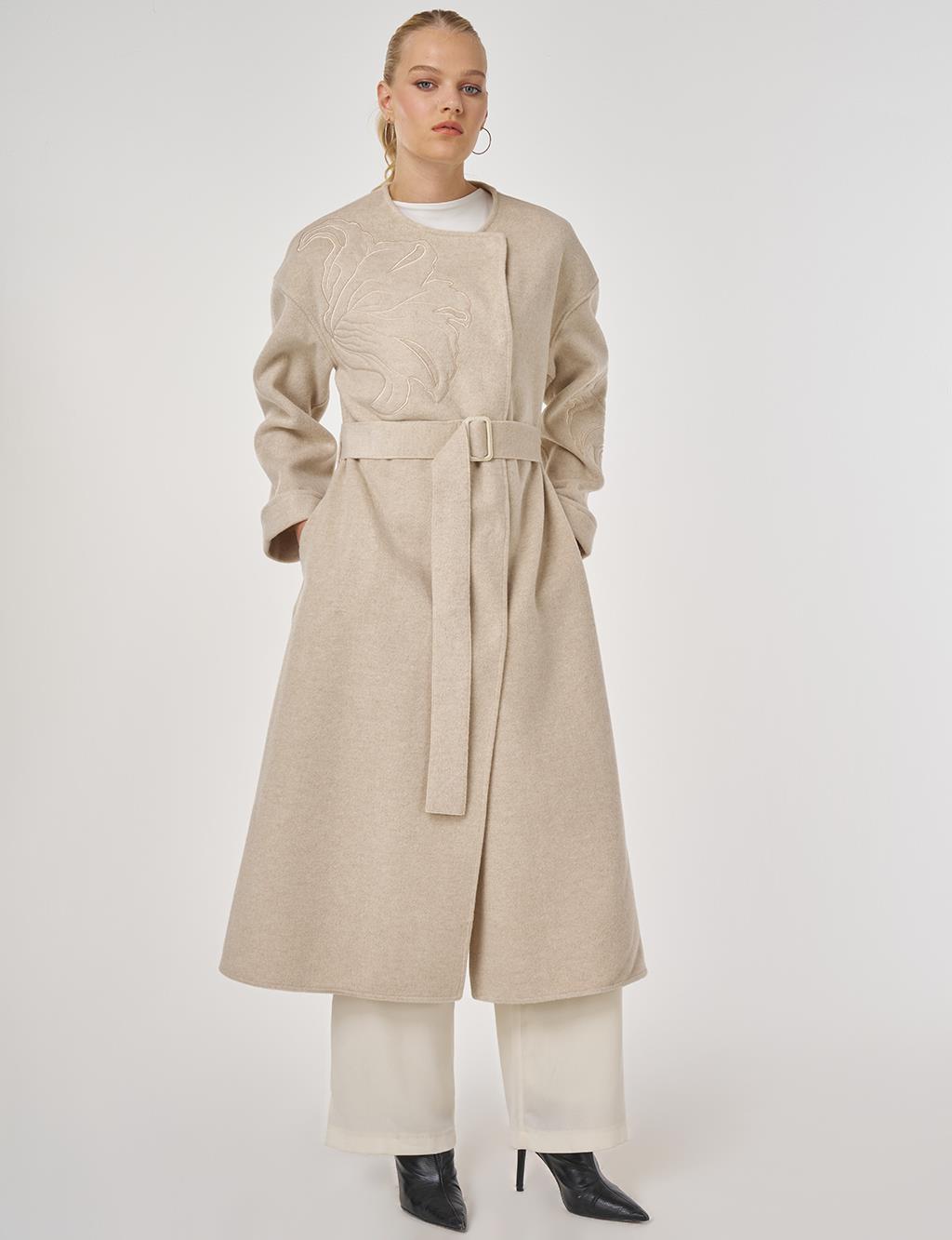 Appliqué Wool-Blend Coat in Cream