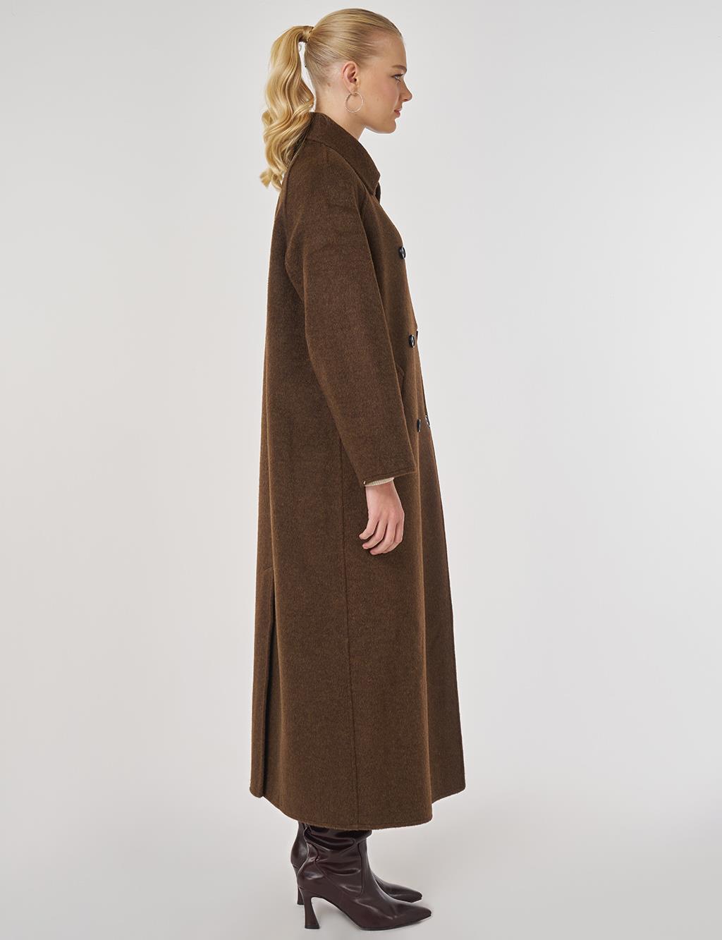 Düğmeli Kruvaze Kaşe Kaban Koyu Kahve 