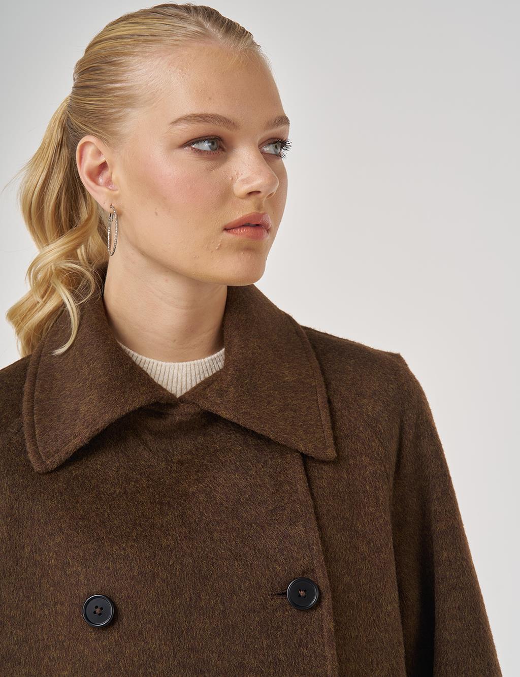 Düğmeli Kruvaze Kaşe Kaban Koyu Kahve 