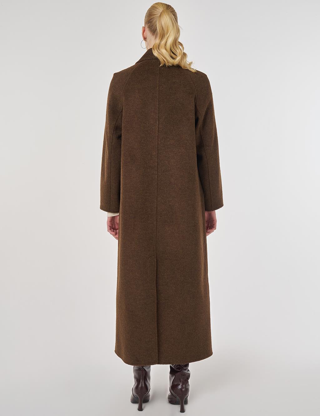 Düğmeli Kruvaze Kaşe Kaban Koyu Kahve 