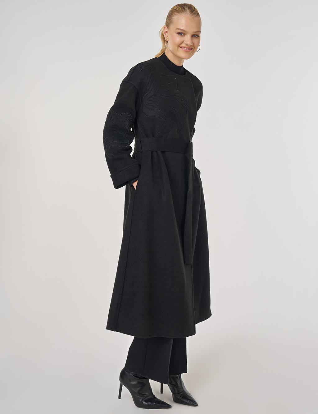 Appliqué Wool-Blend Coat in Black