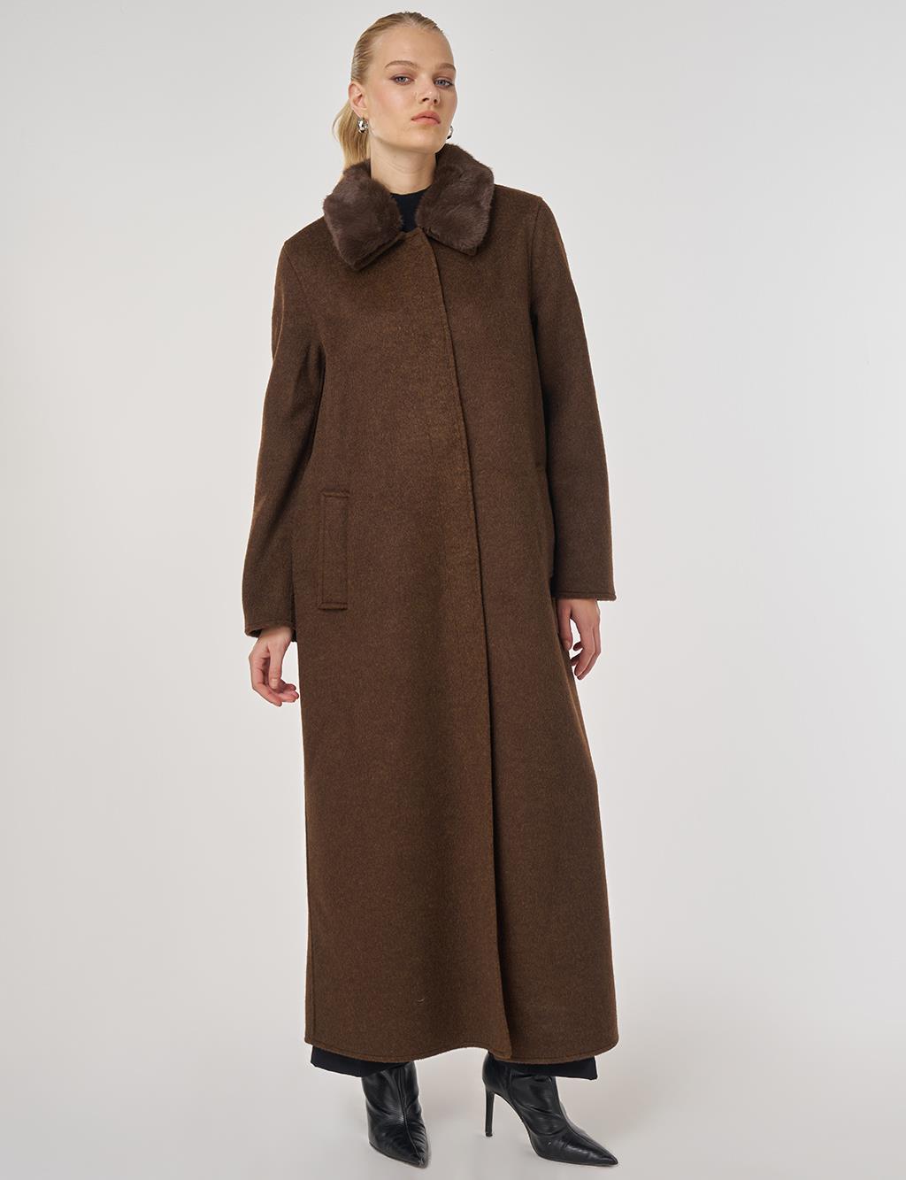 Kürk Yaka Kaşe Kaban Koyu Kahve 