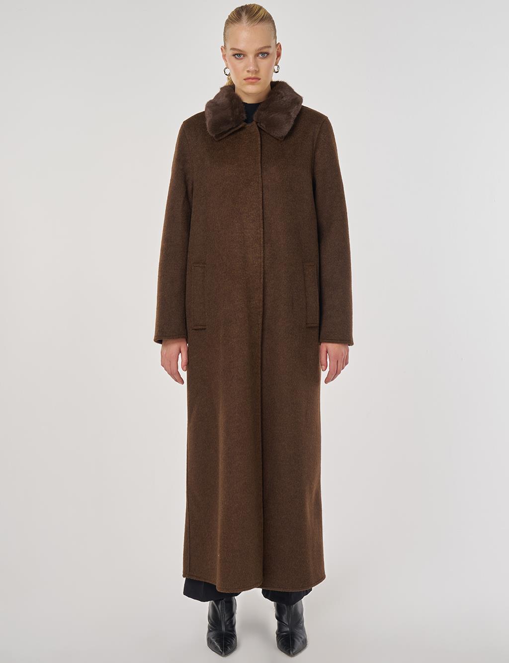 Kürk Yaka Kaşe Kaban Koyu Kahve 